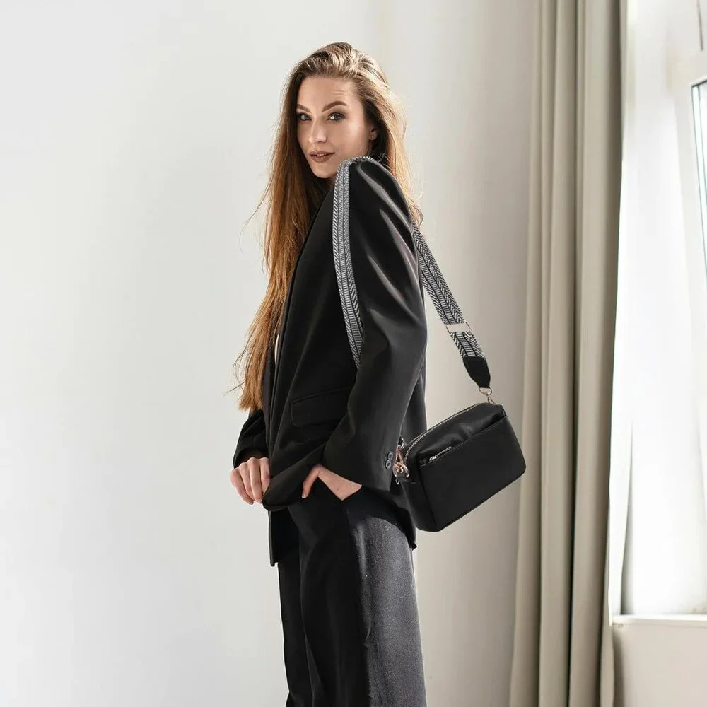 💫 Women Black Leather Cross body Purse Triple Zip Ajustable Strap Shoulder Bag
